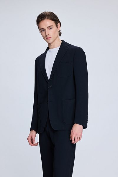 Hatemoğlu Navy Blue Comfort Fit Herringbone Mono Collar Casual Suit