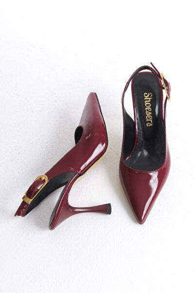 Redoxy Women's Ankle Strap Wide Metal Buckle Detailed Burgundy Patent Leather Stiletto