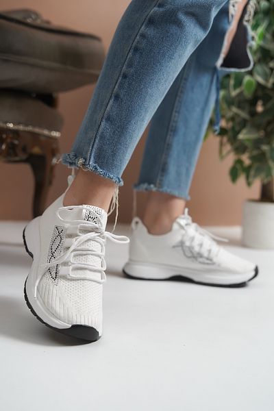 Lolita Love Shoes Luan White Knitwear Stone Lace-Up Sports Shoes