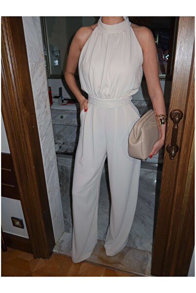 ESRAHELVACI Beige Halter Neck Long Jumpsuit