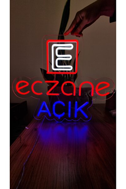 HM NEON LİGHT Eczane E Açık Yazısı Şeffaf Zemin Neon Led Tabela