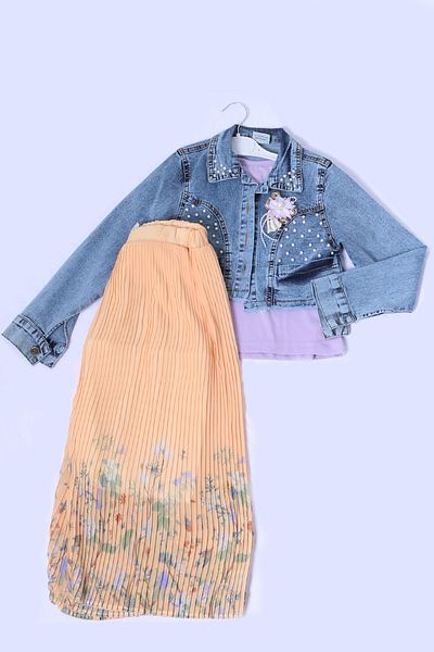 HÇM Girl's 3L Suit Jeans & Jacket with Stone Embroidered Ruffles A53