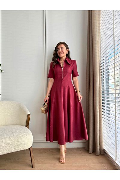 Afiş Butik Burgundy Collar Zippered Midi Dress