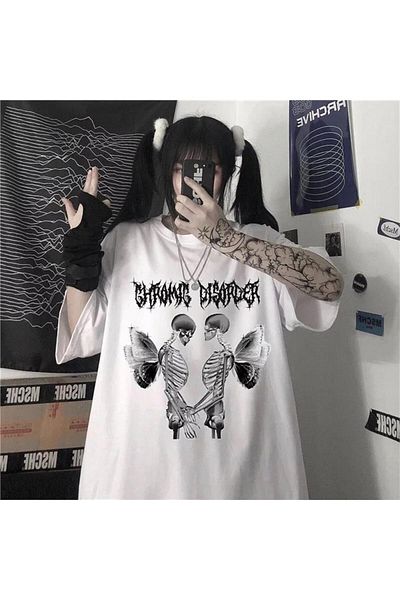 Köstebek Λευκό μπλουζάκι Harajuku Gothic Gromig Disorder Love Skeleton (unisex)