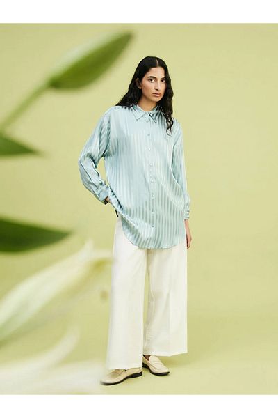 LC Waikiki Lcw Modest Light Mint Green Striped Oversize Satin Women's Shirt Tunic