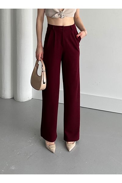 mymoda Burgundy Palazzo Women's Trousers - Loose Leg and Trousers Detail
