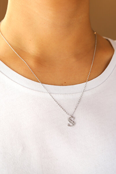 Brillo Silver Color Zircon Stone Steel Letter Necklace(51 cm)