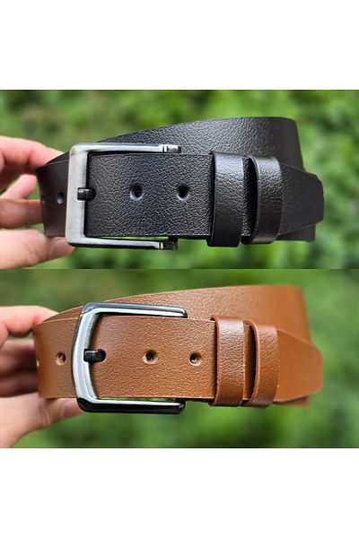 Kemerix 100% Genuine Leather Men's Jeans Belt Black-Tan Set of 2