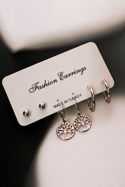 EUROMODA Tree of Life Design Ball and Hoop Earrings Set of 3 Earrings