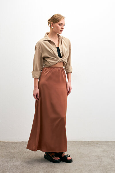 Bipantolon Fusta evazată din satin drapat cu talie moka pentru femei