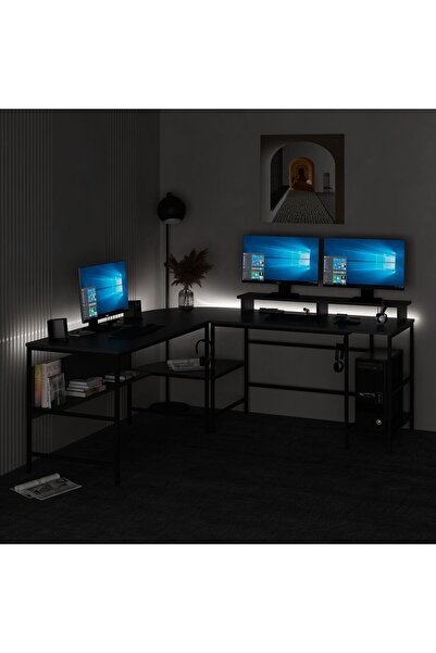 Minar Greta Köşe Masa Set (Led Işıklı) - Antrasit