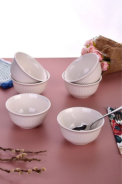 devigo 6 Piece Striped Bowl Set - White - Breakfast/Snack Bowl/Presentation Bowl - Soup Bowl