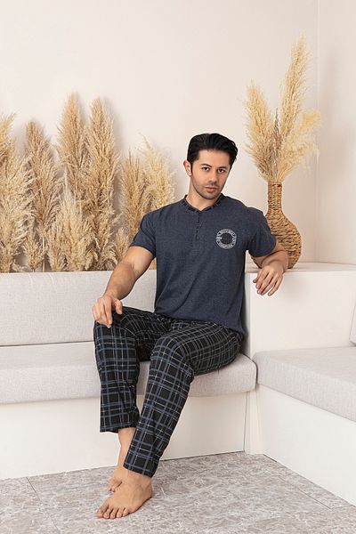 Sude HOMEWEAR Men's Short Sleeve Top K.Indigo Bottom Black Plaid Pajama Set