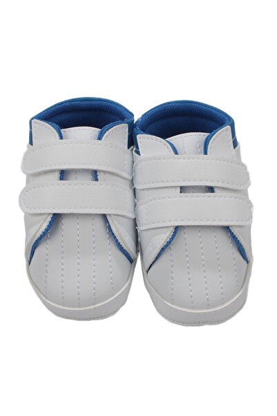 bebegen Baby Boy White Leather Shoes with Blue Velcro on the Back and Stitche...