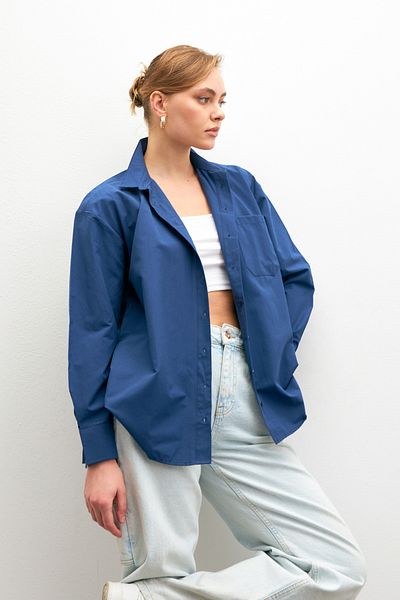 Bipantolon Cămașă cu mânecă lungă din popelin, albastru bleumarin, oversize, cu buzunar