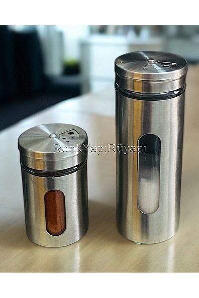 RENK YAPI RÜYASI Stainless Steel and Glass Double Set - Salt, Pepper Shaker, Spicy 8 cm and 14 cm