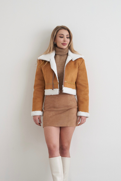 Rabia Çelik Kadın Kahverengi İçi Komple Kürklü Süet Kumaş Mont