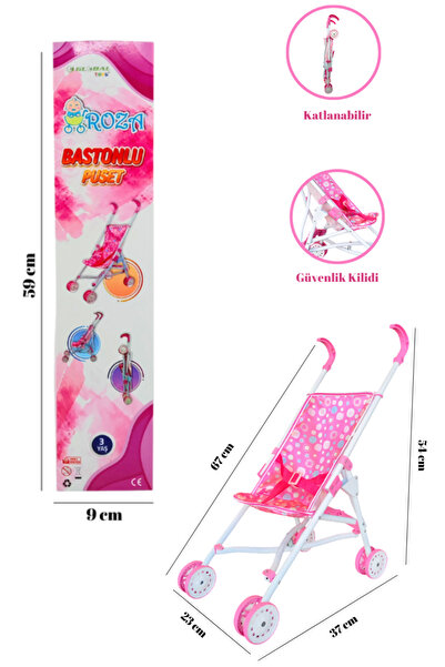 Global Toys Pembe Desenli Oyuncak Metal Puset Baston Bebek Arabası