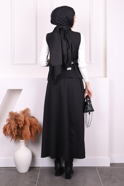 İmajButik Black Flared Skirt Vest Set