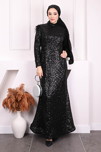 İmajButik Rochie de seara neagra cu paiete cu centura in talie