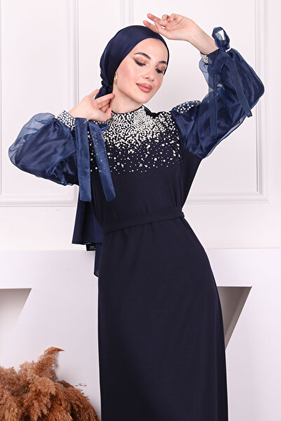 İmajButik Βραδινό φόρεμα με μπλε μανίκια και χάντρες από τούλι