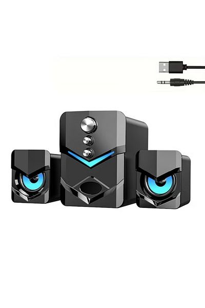 COOYA مكبرات صوت للكمبيوتر المكتبي 2.1 قناة، صوت ستيريو Aux 3.5 مم يعمل عبر USB، صوت جهير قوي وإضاءة خلفية زرقاء