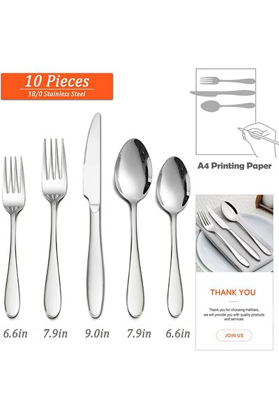 COOYA Silverware Set, 10Pcs Flatware Set, Stainless Steel, Service for 2, Mirror Polished, Dishwasher Safe