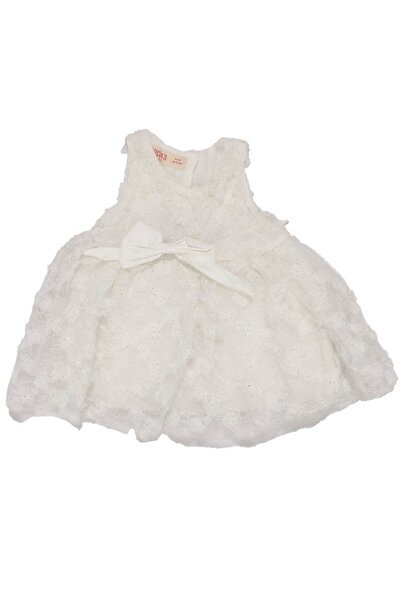 bebegen Kız Bebek Beyaz Simli Çiçek Motifli Tüllü Fiyonk Tokalı Elbise