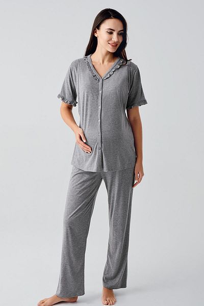 Artış Short Sleeve Buttoned Stretchy Cotton Fabric Maternity Sleepwear Suit