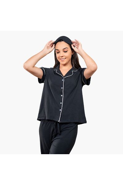 Aadaraya Aadaraya Collared Shirt with Pyjama and Eyemask Set
