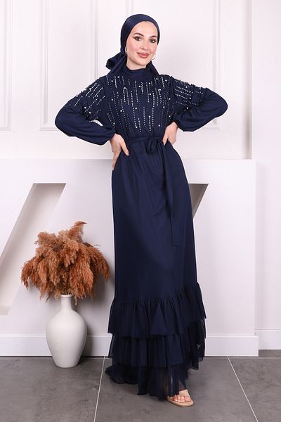 İmajButik Βραδινό φόρεμα σιφόν με βολάν με βολάν μπλε ναυτικό