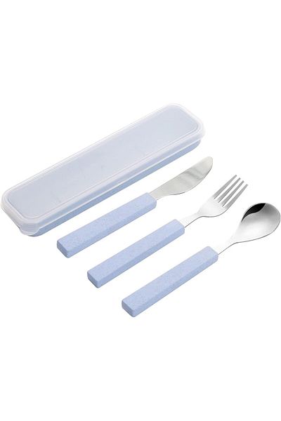 COOYA Children Utensils Set, 18/10 Stainless Steel, with Travel Case, for Lunch Box 3-Piece (Blue)