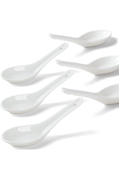 COOYA Asian Soup Spoons Set of 6, 5.3" Ceramic, with Hook,for Rice Ramen Wonton Dumpling, Dishwasher Safe