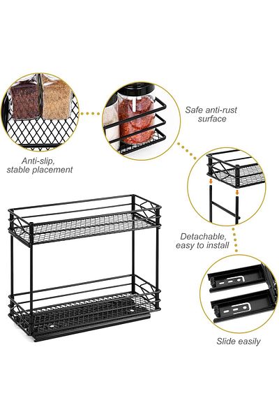 COOYA Pull Out Steel Spice Rack Organizer for Cabinet, 2 Tier Slide Out Cabinet Organizer Storage(Black)