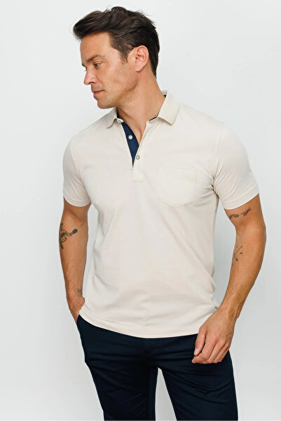Desen Triko Men's Polo Collar Buttoned Pocket T-shirt Stone