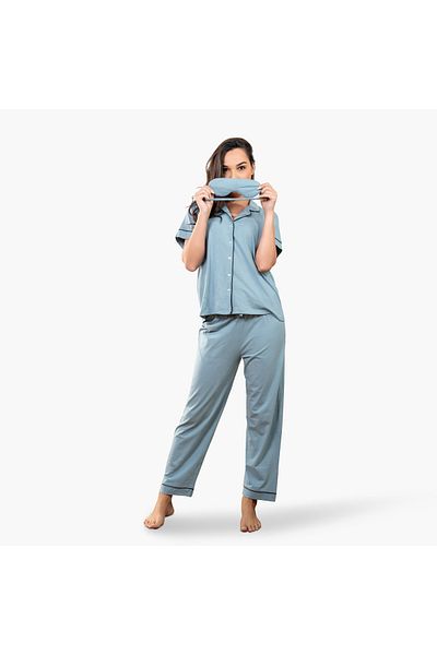 Aadaraya Aadaraya Collared Shirt with Pyjama and Eyemask Set