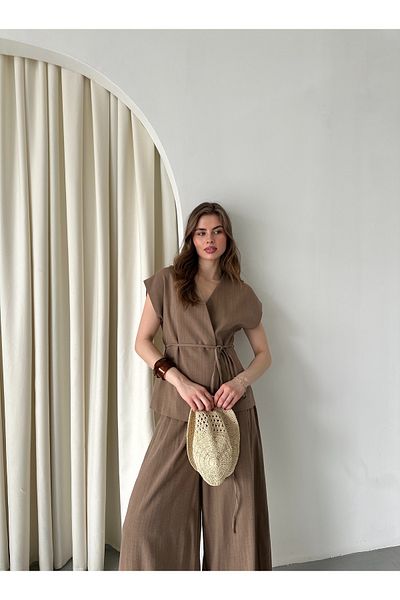 Laluvia Mink Juana Vest Trousers Linen Set - 8591