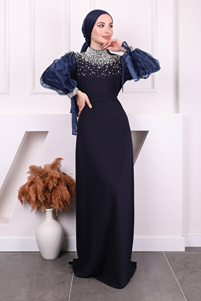 İmajButik Βραδινό φόρεμα με μπλε μανίκια και χάντρες από τούλι