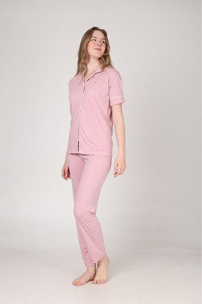 MEBA Women's Front Buttoned Short Sleeve Summer Combed Cotton Pink Polka Dot Pajama Set