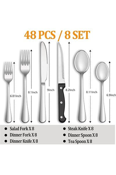 COOYA 48 Pcs Silverware Set, Mirror Polished, Stainless Steel Home Kitchen Eating Tableware Set