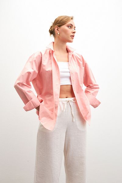 Bipantolon Γυναικείο ροζ Oversize Basic Pocket Λεπτομερές μακρυμάνικο πουκάμισο από ποπλίνα