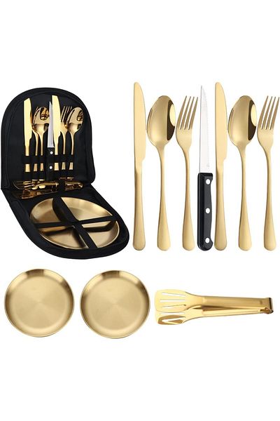 COOYA 10Pcs Silverware Set, Portable Mess kit, Stainless Steel Tableware Set for Travel (Gold)