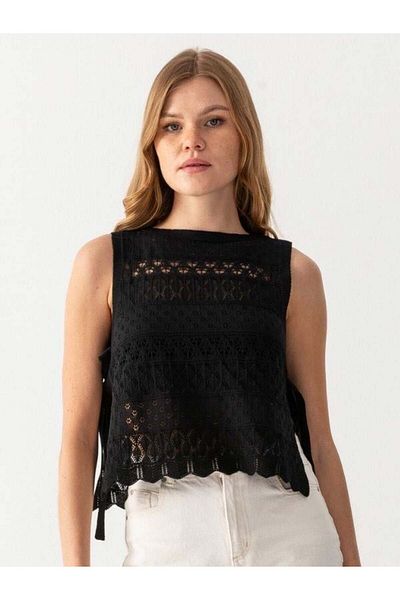 Irmak Kerekli Women's Black Openwork Sweater Knitwear Poncho 171710