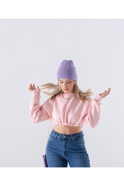 MODA Örme Kumaş Bisiklet Yaka Beli Büzgülü Crop Sweatshirt