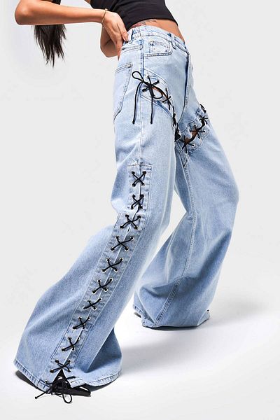 its basic Blugi de damă, culoare Super Palazzo Fit, cu detaliu ochi de pasăre, 100% bumbac, design denim