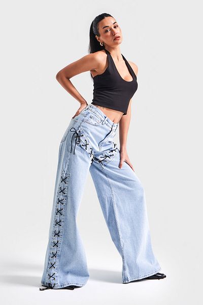 its basic Blugi de damă, culoare Super Palazzo Fit, cu detaliu ochi de pasăre, 100% bumbac, design denim