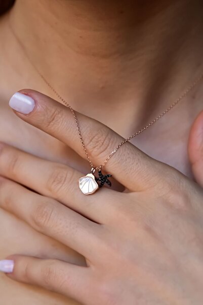 Papatya Silver 925 Ayar Rose Kaplama Sedef Istiridye Kabuğu Ve Siyah Deniz Yıldızı Kolye
