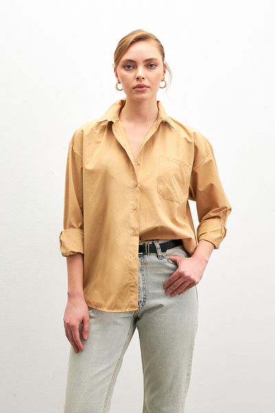 Bipantolon Дамска риза с дълъг ръкав Biscuit Oversize Basic с джобове и детайли от поплин