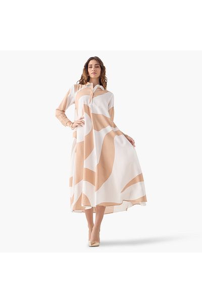 Iconic All-Over Print Trapeze Dress with Cuff Sleeves