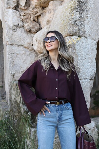 bytugcekaya Bordo Standart Beden Oversize İspanyol Kol Gömlek